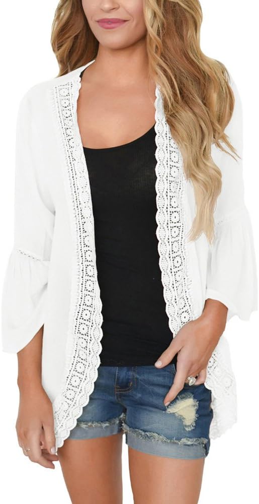PRETTODAY Women's Summer Kimono Cardigans Ruffle Bell Sleeve Sweaters Lace Cover Up Loose Blouse Tops
