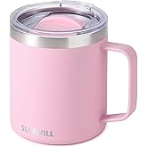 SUNWILL Insulated Coffee Mug with Lid, Travel Tumbler Reusable, 14 oz Stainless Steel Cup for Camping, Office, Home, Powder Coated Sakura