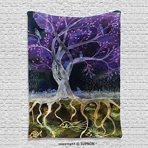SUPNON custom tapestryTree Of Life Decor Tapestry Psychedelic Magical Mysterious Tree At Night With Birds And Fishes And Birds Life Home Bedroom Living Room Dorm Decor Multi
