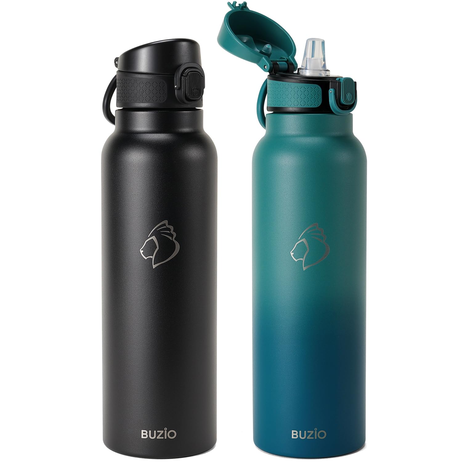 BUZIO 2 Pack Insulated 1L Stainless Steel Water Bottle with Straw - Cold for 48 Hrs - 100% Leak Proof - Black&Blue