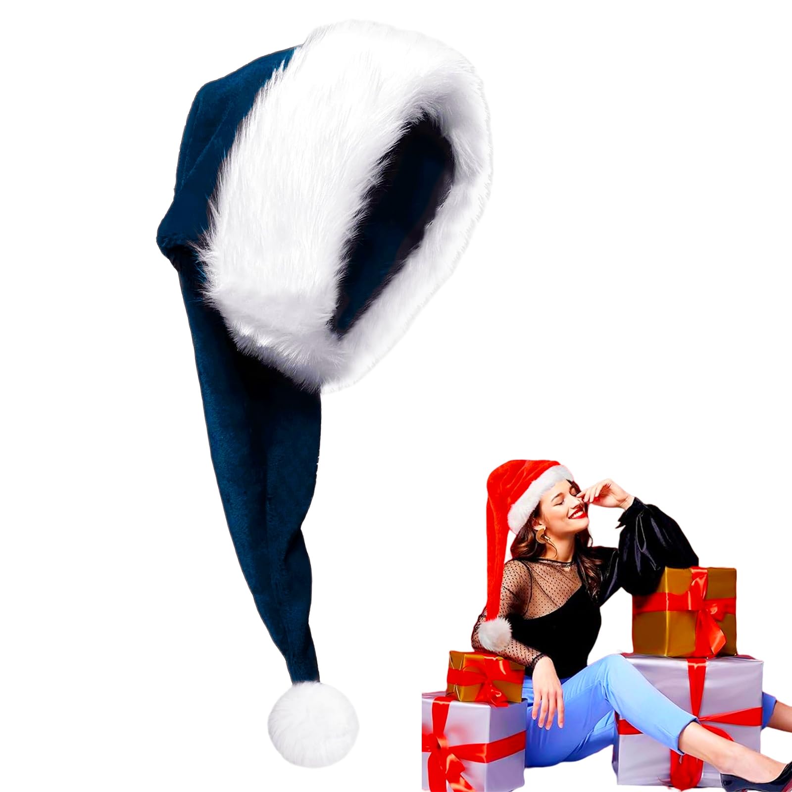 Extra Long Dark Blue Santa Hat Christmas Hats 30*75cm for Kids,Adults,Classic Xmas Hat Plush Santa Claus Hat,Unisex Velvet Father Christmas Hat Costume,Christmas Party Hat Cap for Xmas New Year Party