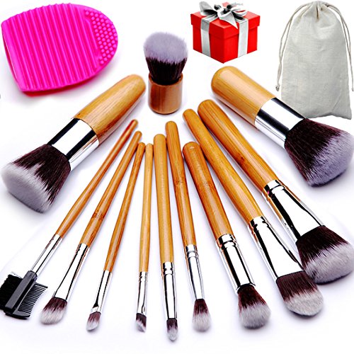 BEAKEY Makeup Brush Set Bamboo Handle Premium Synthetic Kabuki Foundation Blending Blush Eyeshadow Concealer Powder Brush with 1 Brush Egg & 1 Secret Gift (12+2 Pcs)