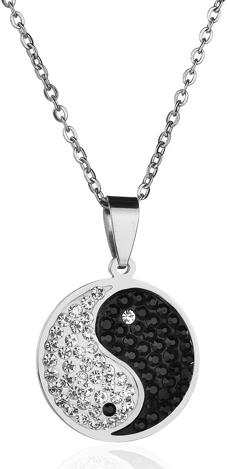 Wovanoo Yin and Yang Necklace Rhinestone Stainless Steel Pendant Taoism Necklaces