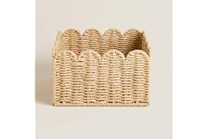 QUINCRY Scalloped Edge Basket, Wicker Storage Baskets, Hand Woven Baskets for Shelves,Natural Baskets for Organizing (S-9.5" L x 9.5" W x 5.5" H)