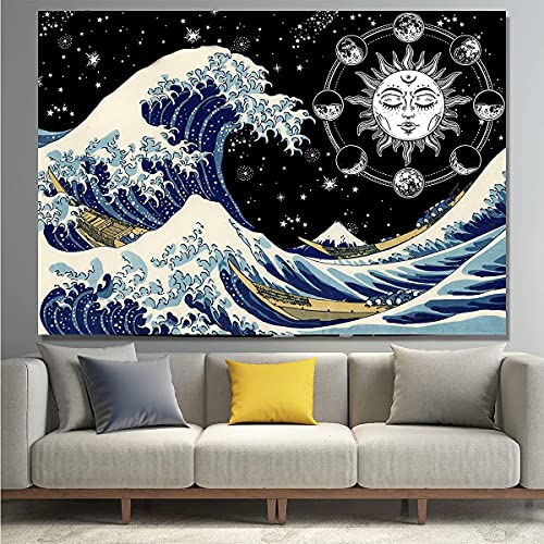 HUAXXIA Wave Tapestry Ocean Tapestry Wave Star Night, 59×79 inch Kanagawa Great Wave Wall Hanging Art Decor for Room, Wonderful Christmas Gift Idea