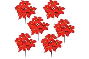 WISTART Christmas Artificial Poinsettia Flowers 6Pack Silk Red Poinsettia Artificial Bushes Red Christmas Flowers 7 Heads Velvet Poinsettia Floral Bouquet with Stem for Party Home Holiday Decoration