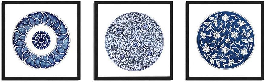 White and Dark Blue Prints Set of 3 Framed Canvas Art Print Abstract Circle Wall Decortion