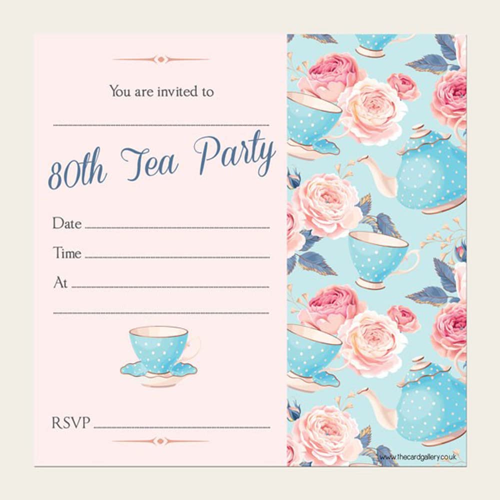 Dotty about Paper Birthday Party Invitations - Teapot & Roses - Pack of 10-80th. Celebration, Friends, Family, Eighty, Cute, Watercolour, Envelopes Included. (L158)