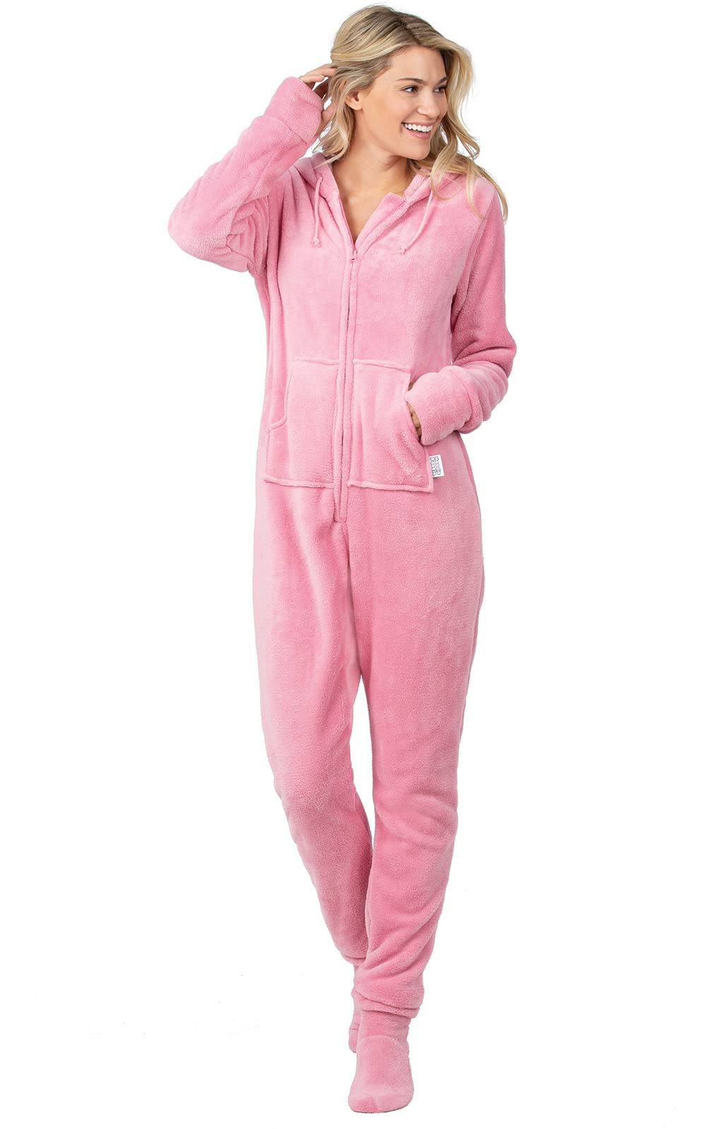 PajamaGram Womens Onesie with Hood - Adult Footie Pajamas, Pink, Medium / 8-10 Image