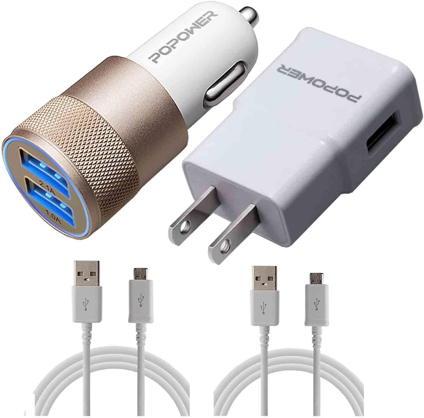 Car charger 3.1 Amp And Wall charger 2.0 Amp And 5ft USB Cable + 3.3ft USB Cable Set for Samsung Galaxy S6 Edge S4 S7 Edge,Note 2 4 edge,Note 5,LG G3,HTC One M4 M8 M7,MP3 Player(White)
