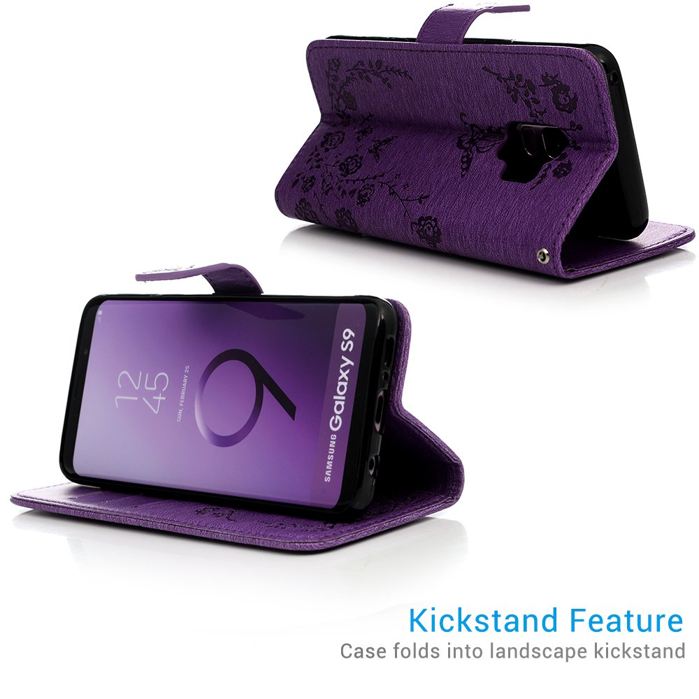 Maxfe.co for Samsung Galaxy S9 Case Shockproof Floral Butterfly PU Leather Wallet Flip Magnet Case Cover for Samsung Galaxy S9 with Card Slots Built-in Kickstand +Touch Pen Purple
