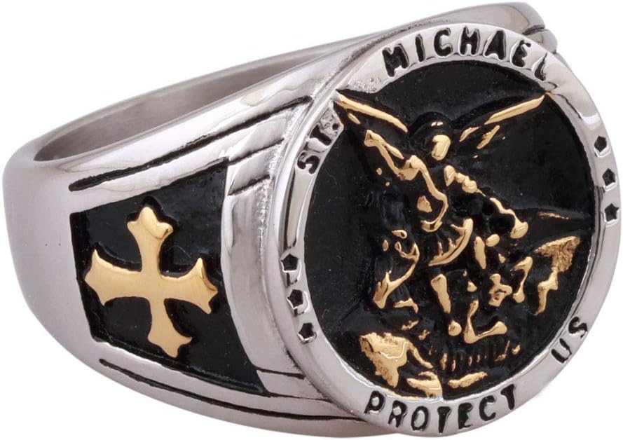 Gold Silver Saints Michael The Archangel ST. Medal Stainless Steel Amulet Protection Mens Womens Cross Ring