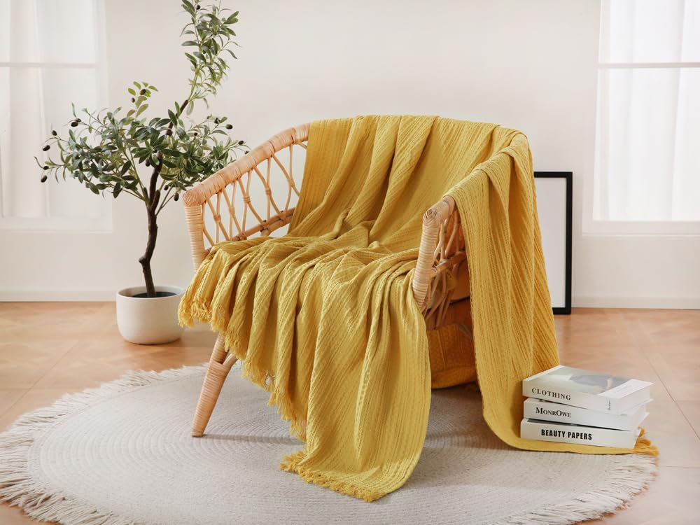 Coastline 100% Cotton Waffle Weave Blanket Throw with Fringe,Pre-Washed Soft Cozy,Lightweight Breathable Blanket Throw for Couch Bed Sofa（Yellow,150x200cm）