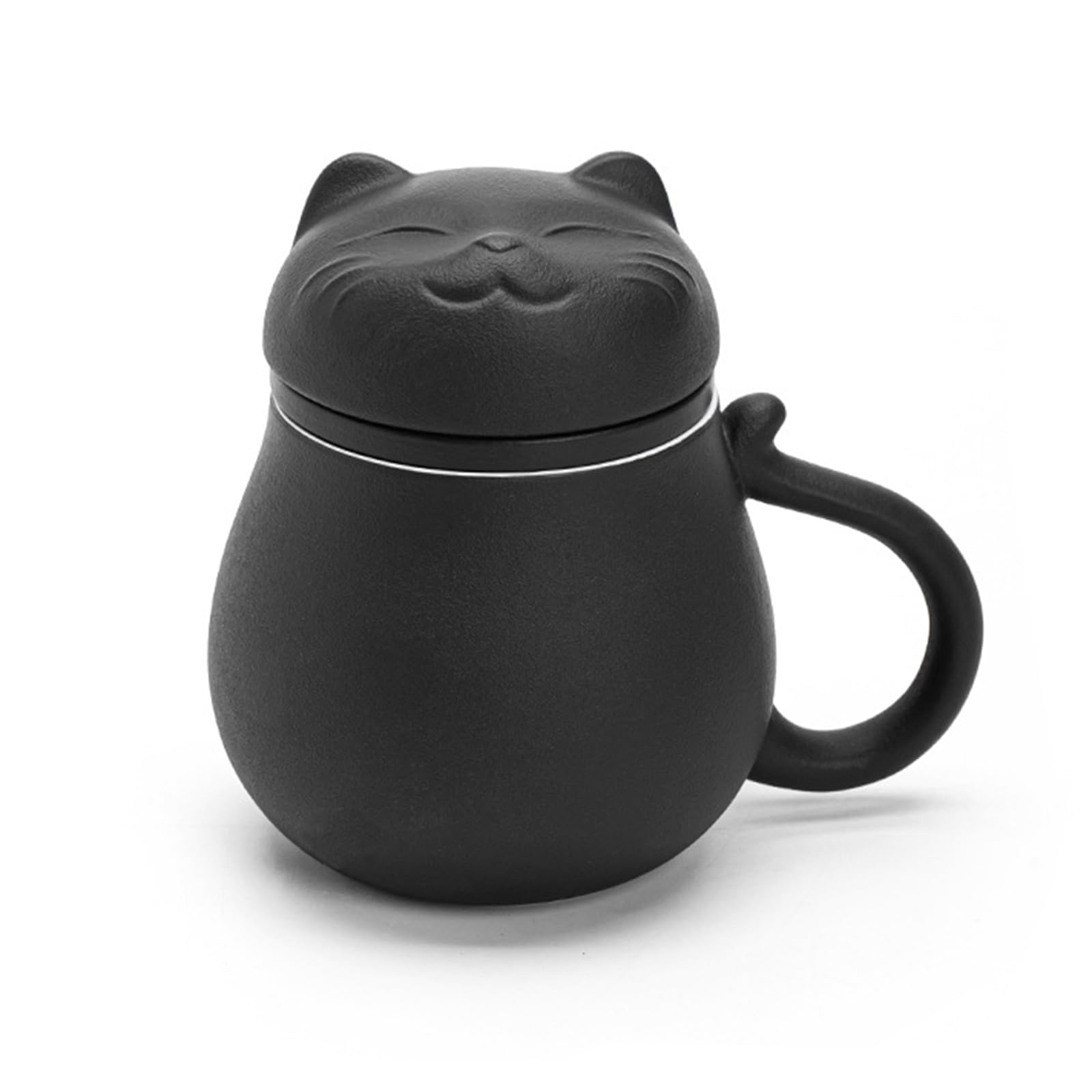 Jarsense Ceramic Tea Cup with Infuser and Lid, 400ML Tea Mug with Lucky Cat Design for Steeping Loose Leaf Suitable for Home Office (Black)