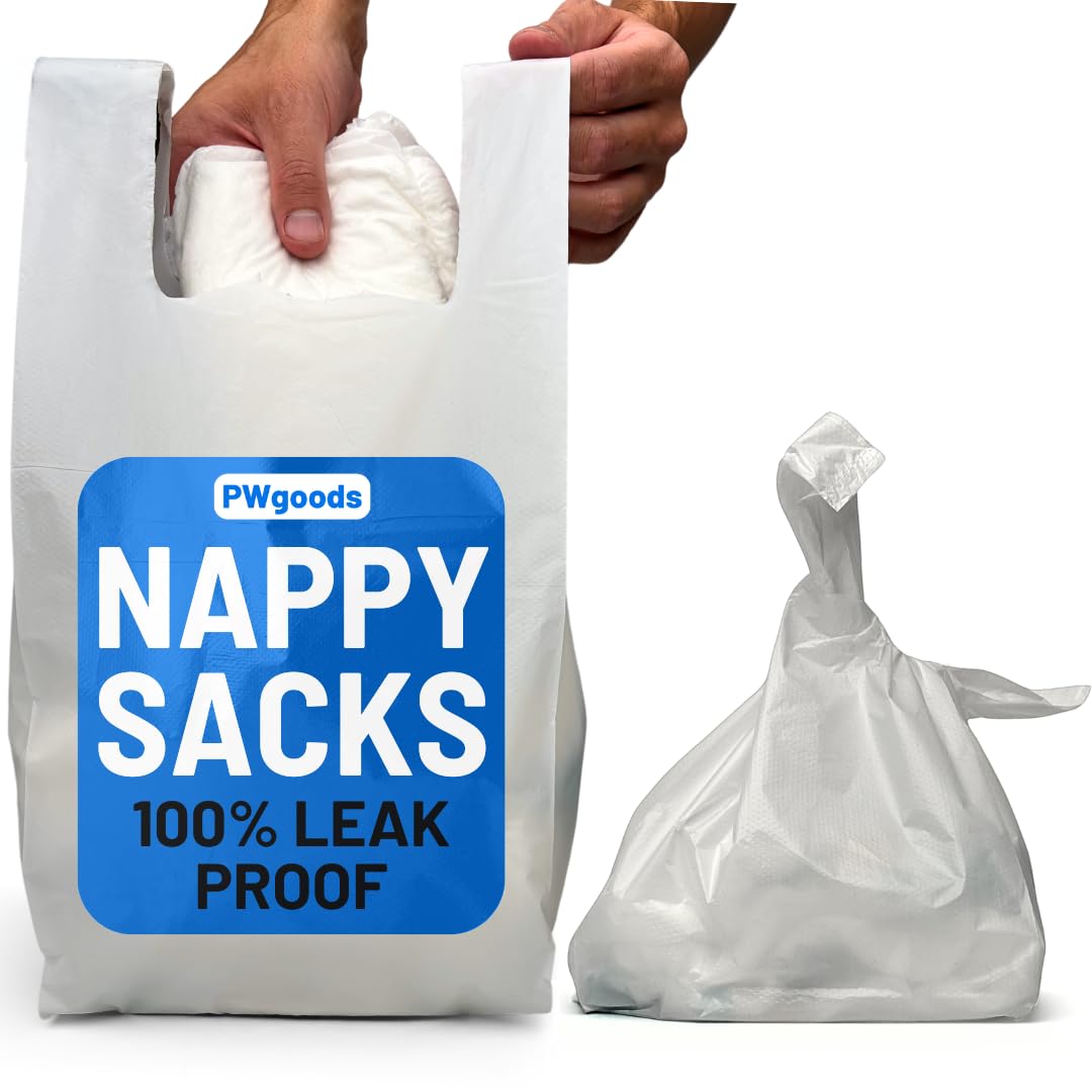 Adult Nappy Bags - 100 Pack, 20% Thicker Sacks, Easy Tie Handles, Odour Free, Discreet White Plastic, Strong Sanitary Disposal Bag