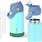 Kids Insulated Water Bottle with Straw Lid & Silicone Handle,12oz Kids Leak Proof Water Bottle for School Boys Girls,Double Wall Vacuum Stainless Steel with Non-slip Silicone Base(Light Green)