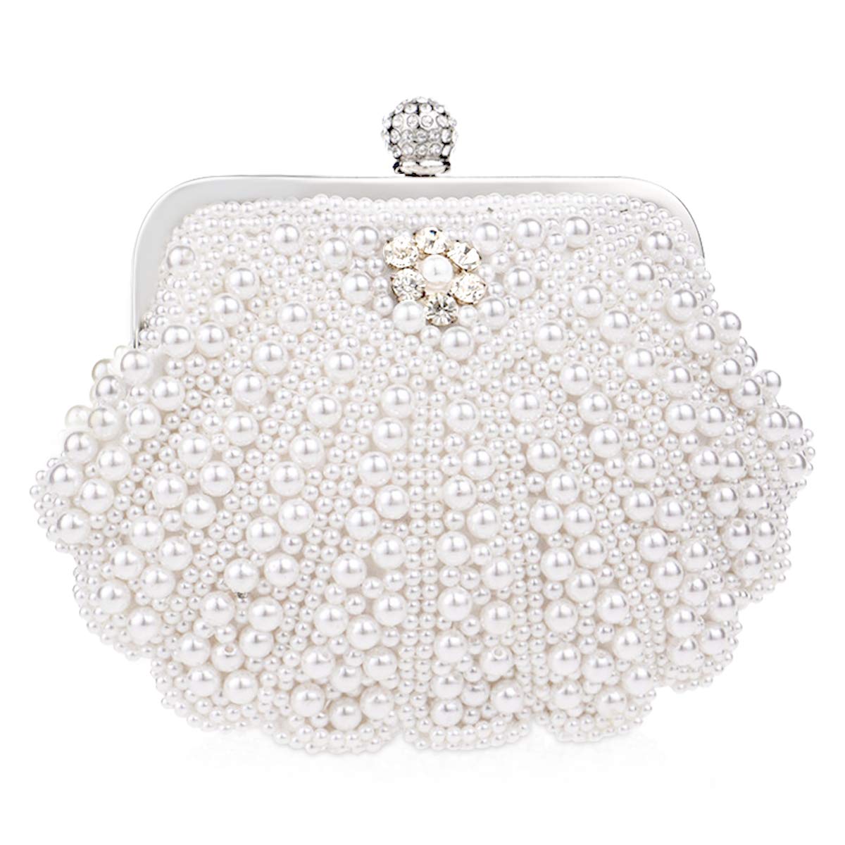 NICOLE & DORIS Women Handbags Diamond Round Clutch Pearl Bag Small Purse Cross Body Shoulder Bag Wedding Party Evening Chain Bag White