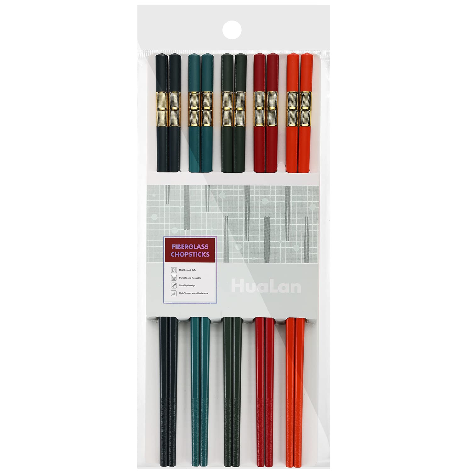 HuaLan Fiberglass Reusable Chopsticks Set Dishwasher-Safe Household/Restaurant Chopsticks 5 Pairs