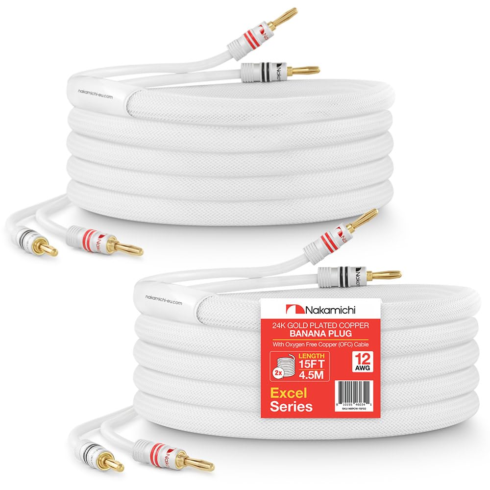 Nakamichi Excel Series 24k Gold Plated Banana Plug with (15 Feet) Speaker Cable Wire 99.9% Oxygen-Free Copper (OFC) Heavy Duty Braided In-Wall CL2 Rated - White (12AWG / 15ft / 4.5m) 2-Pack