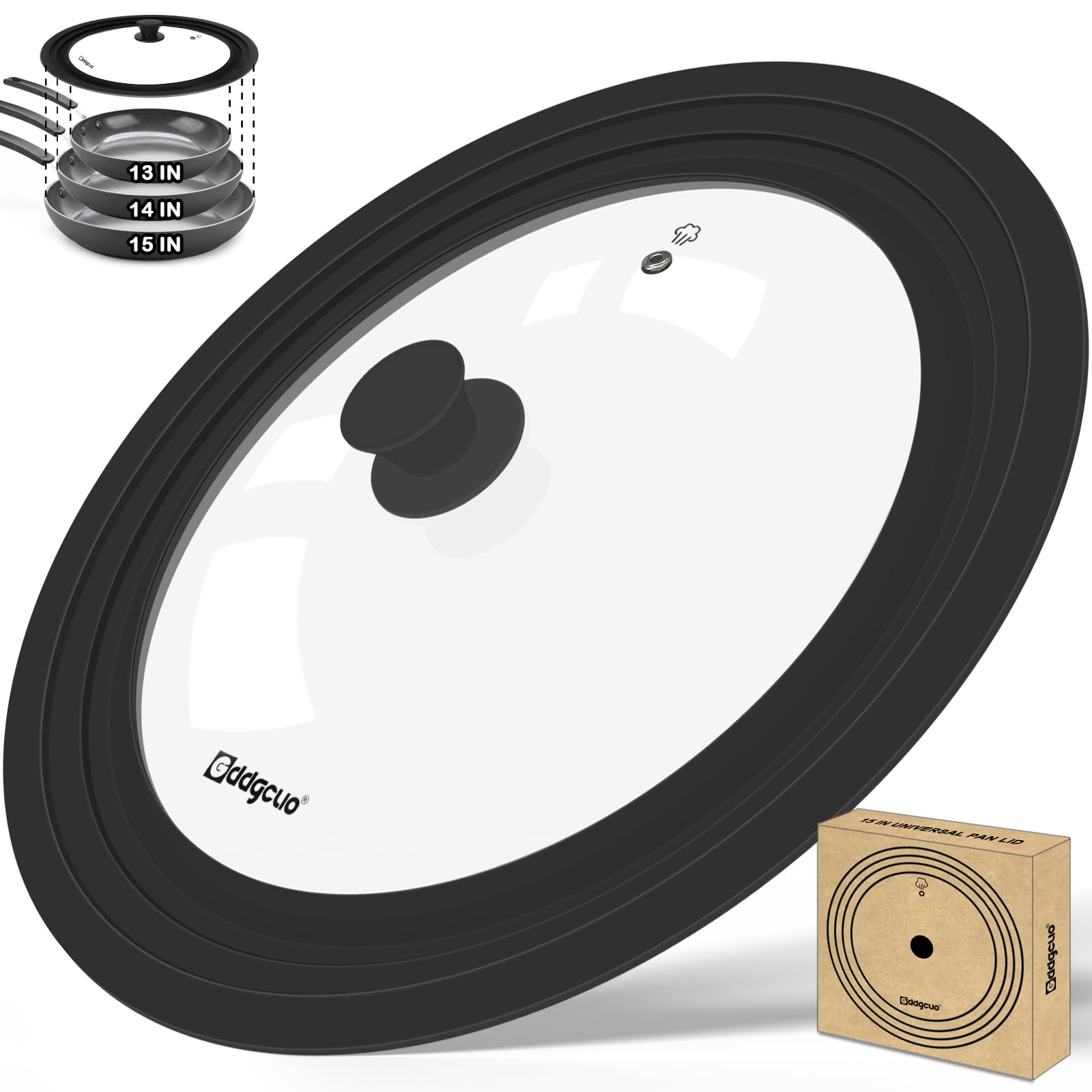 Photo 1 of GDDGCUO 13-14-15 in Universal Pan Lid, Extra Large Silicone Pot Lid for Pots, Pans & Skillets, Replacement Frying Pan Lid with Heat Resistant Silicone Knob, Dishwasher Safe, Black
