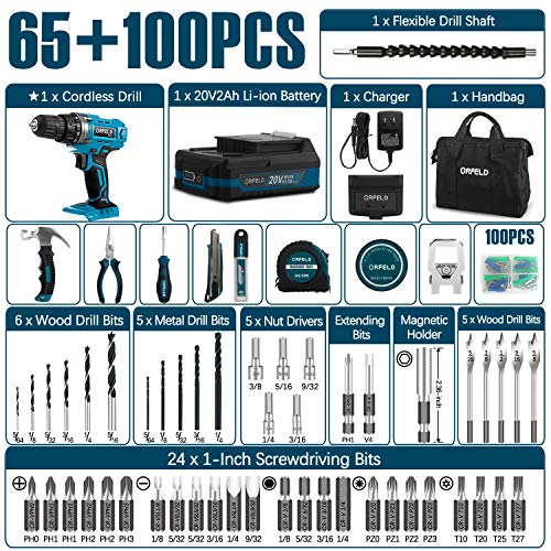 ORFELD Cordless Drill, Home Tool Kit with 20V Max 2.0Ah Battery, 165 Pcs Accessories, Built-in LED, 2 Variable Speed, 3/8'' Metal Keyless Chuck for Drilling Wood, Metal, Plastic. Blue