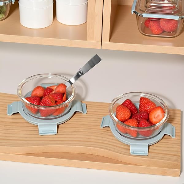 B.GUBOBOYA 1.5 CUP ROUND GLASS FOOD CONTAINERS WITH LIDS AND FOLDING SPOON, ROUND SMALL FOOD CONTAINERS WITH LIDS, 12OZ GLASS LUNCH BOWLS FOR OFFICE MEALS, MICROWAVE, FREEZER, DISHWASHER SAFE (4 PACK)