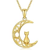 UXQ 14k Gold Cat Necklace for Women,14k Solid Gold Cat Moon Pendant Necklace Chrismas Gifts for Women Her Girlfriend Wife Sister Mom Daughter Birthday Jewelry