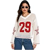Dynvernal Oversized Crochet Jersey Shirts for Women Y2k Clothes Graphic Tees V Neck T Shirts Going Out Tops Pullover Sweater