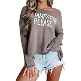 Champagne Please Graphic Pullover Sweaters for Women Crewneck Sweatshirt Long Sleeve Side Slit Knit Top Oversized Sweater