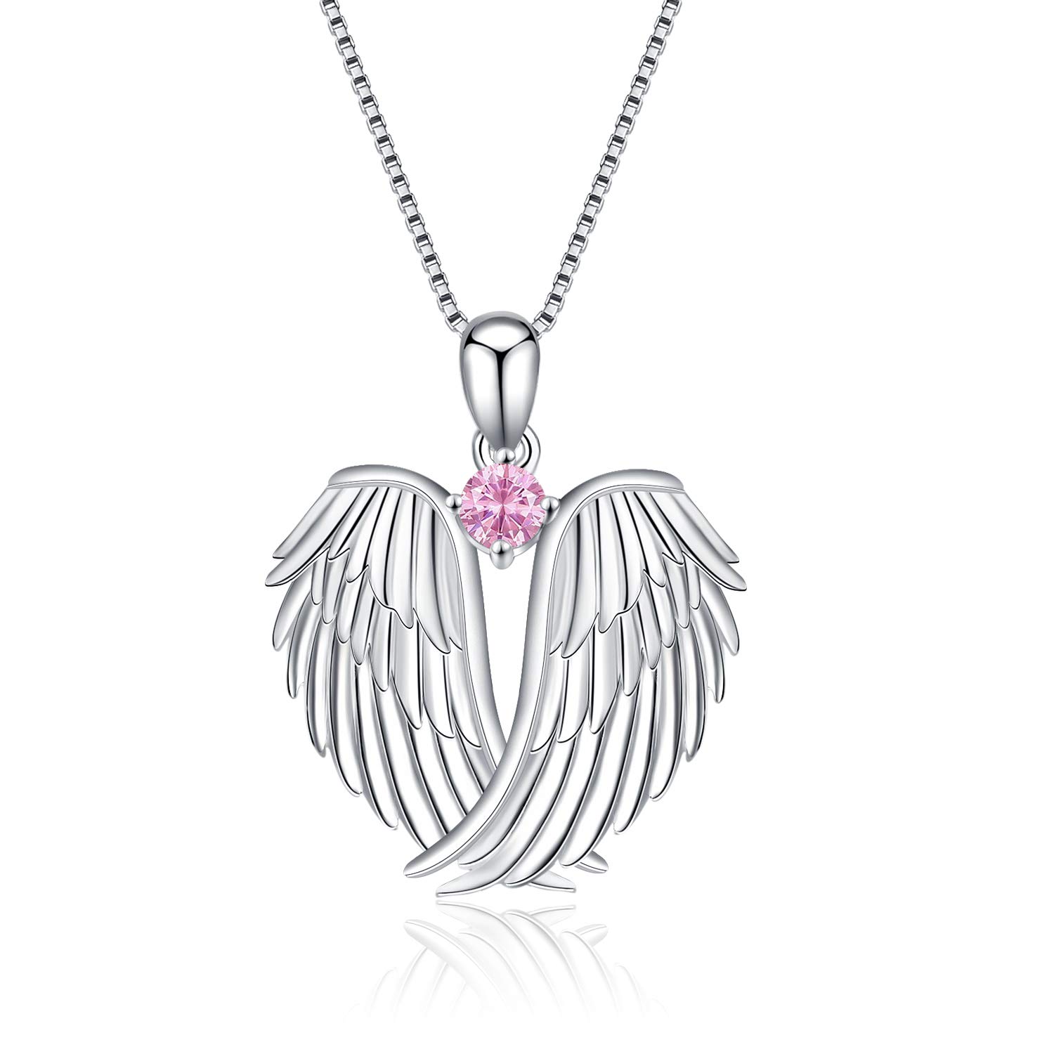 VONALA Guardian Angel Wings Necklace Sterling Silver Pendant with Sparkle Cubic Zirconia Jewellery For Women Girls Birthday Gift Birhstone October