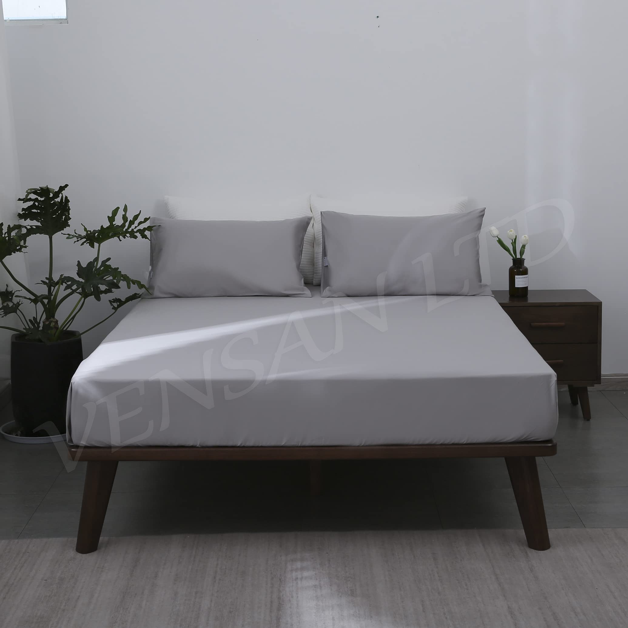 Vensan Fitted Sheet, Size: Double.100% Cotton Satin 300 Thread Count. Silver Grey Solid