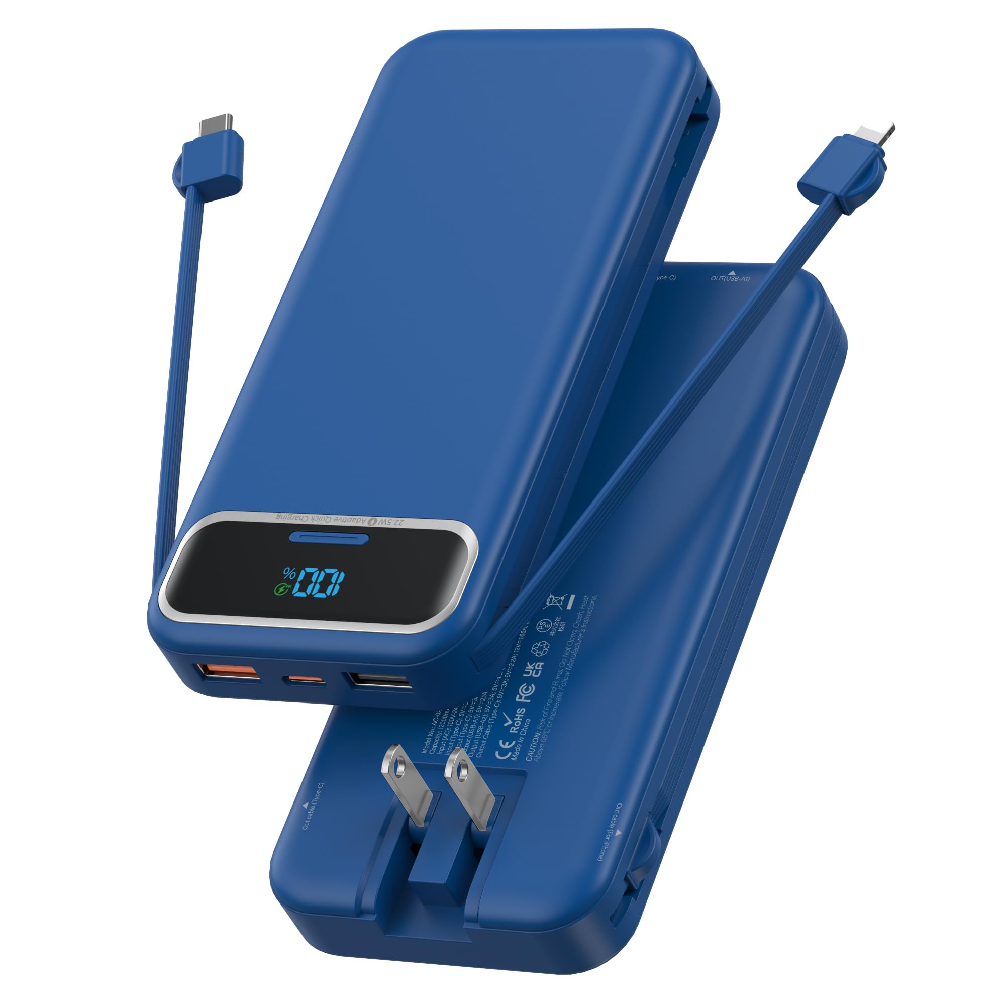 Portable Charger, 12000mAh 22.5W Fast Charging Power Bank with Built-in Cables & Wall Plug, USB C External Battery Pack with LED Display, Travel Essential Charging Bank for iPhone, iPad, Samsung Navy