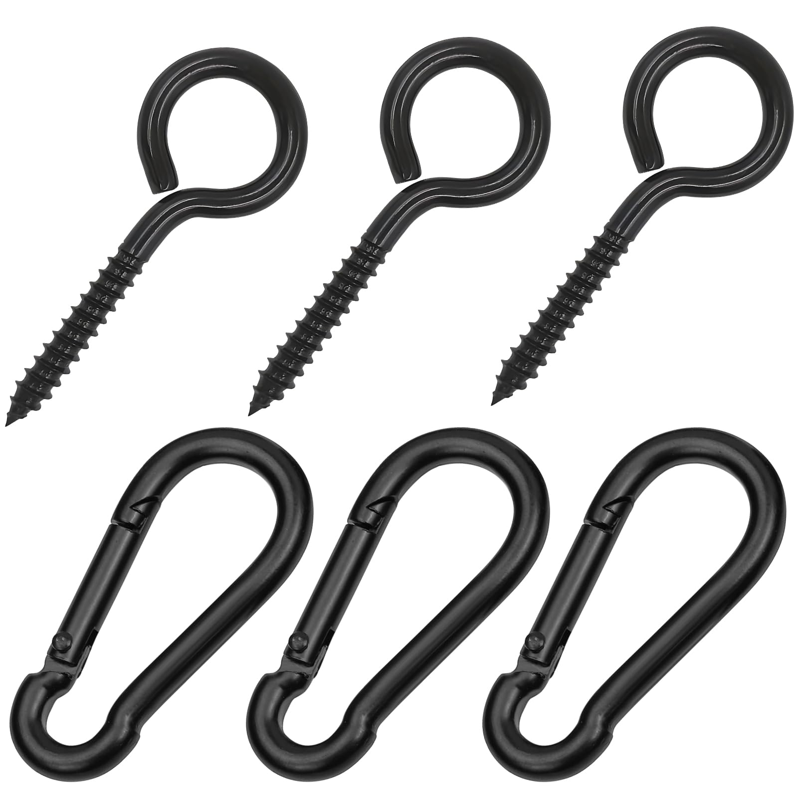 5 Inch Eye Bolts Screw in Hooks & 3.1 Inch Snap Hooks, Eye Hooks Screw Heavy Duty Screw in Eye Hooks Metal Ceiling Hooks Black Screw in Hooks for Hanging Plants, Securing Cable Wires, Carabiners