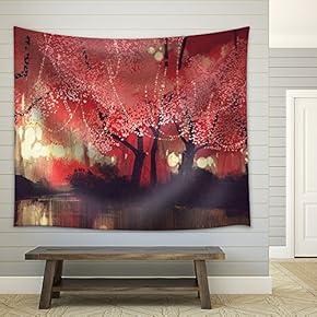 Night Scene of Autumn Forest,Fantasy Landscape Painting - Fabric Wall Tapestry Home Decor - 51x60 inches