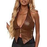 SOLY HUX Women's PU Leather Halter Tank Tops Sexy Deep V Neck Asymmetrical Vest Corset Party Clubwear
