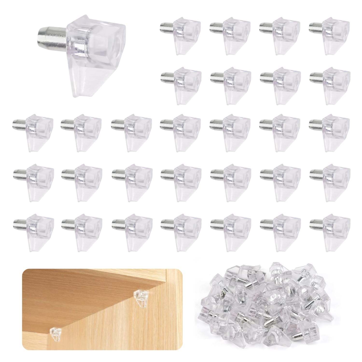 AUCANNIO 30Pcs Shelf Support Pegs, 5mm Support Cabinet Shelf Pins, Clear Plastic Replacement Peg, Cabinet Shelf pegs for Kitchen Furniture Book Shelves, Shelf Brackets and Supports