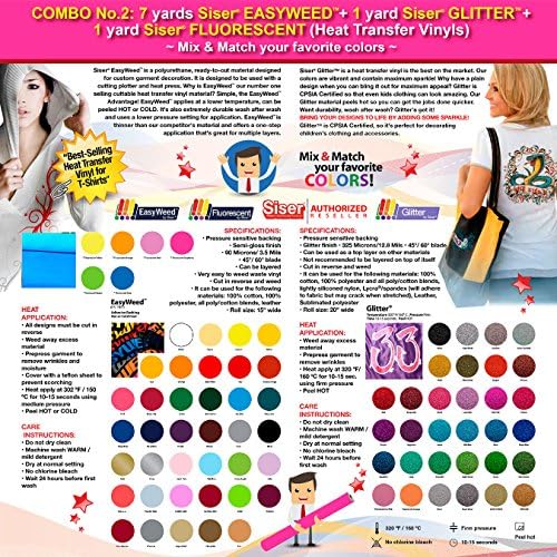 GERCUTTER Store - COMBO No.2: 7 Yards Siser EasyWeed + 1 Yard Siser Glitter + 1 Yard Siser Fluorescent (Heat Transfer Vinyls) - Mix &amp; Match your favorite colors -