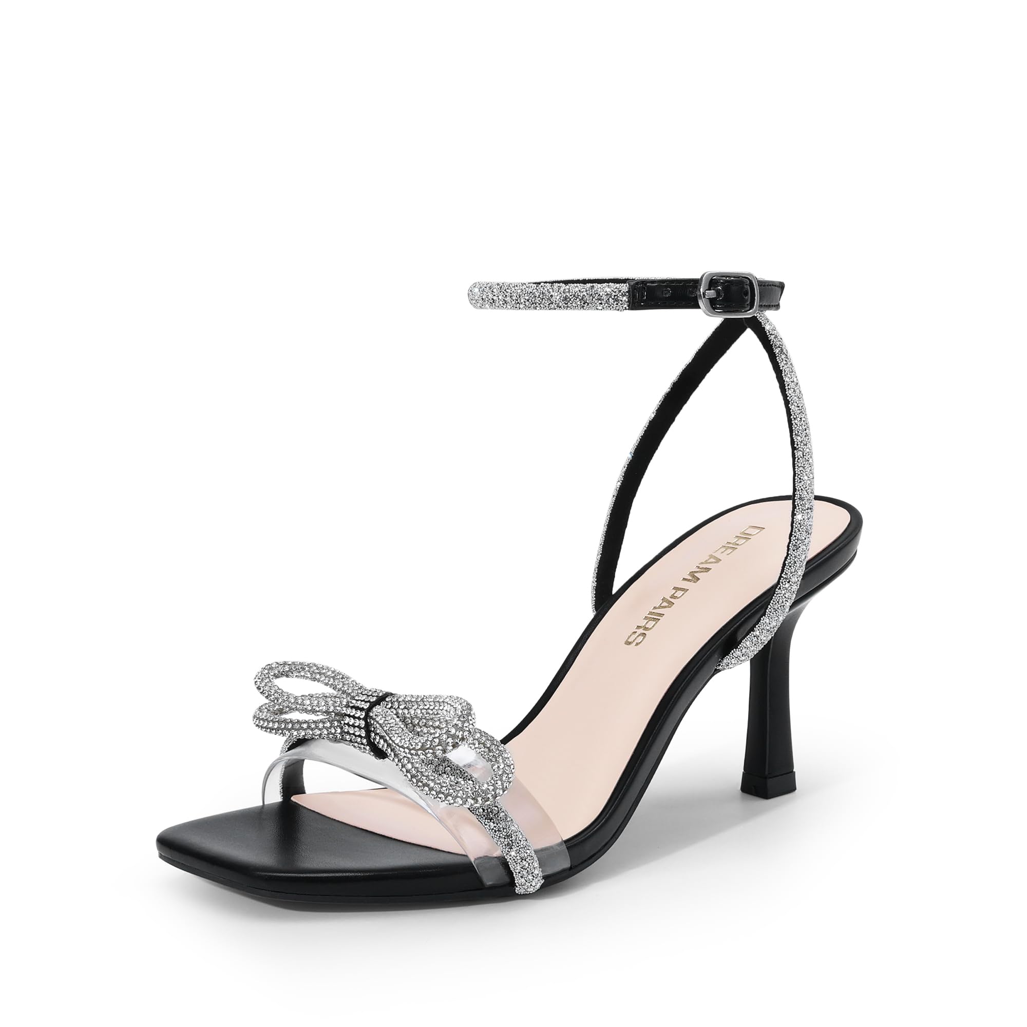 Photo 1 of DREAM PAIRS Women's Double Bowknots Heels Open Square Toe Ankle Strap Crystal Rhinestone Dress Sandals for Party Wedding,Size 11,Black-Pu,DWUMHS2530