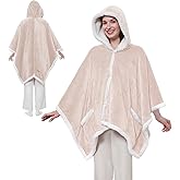 Sealy Heated Throw Wearable Shawl Wrap with Pockets, Reversible Flannel to Sherpa Electric Blanket Hoodie Poncho with 6 Heating Levels & 2-10 Hours Time Settings, 50 X 60 Inch, Beige