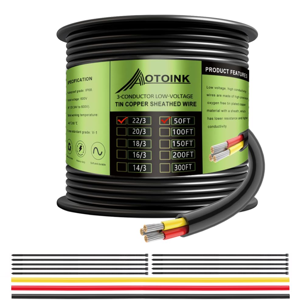 AOTOINK 22/3 50FT Electrical Wire 3x0.32mm², 12/24V Flat Cable 22 Gauge Tinned Copper Tube Cover Wire for Automotive LED Lighting Boat