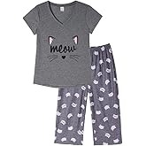 YIJIU Women Soft Comfy Pajamas Cute Cat Short Sleeve Capri Pants PJS Set