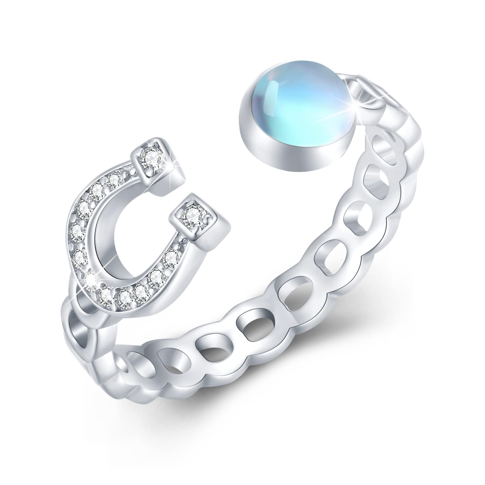 Horseshoe Ring S925 Sterling Silver Moonstone Horseshoe Adjustable Thumb Open Ring Animal Horse Jewellery for Women Girls Birthday Christmas
