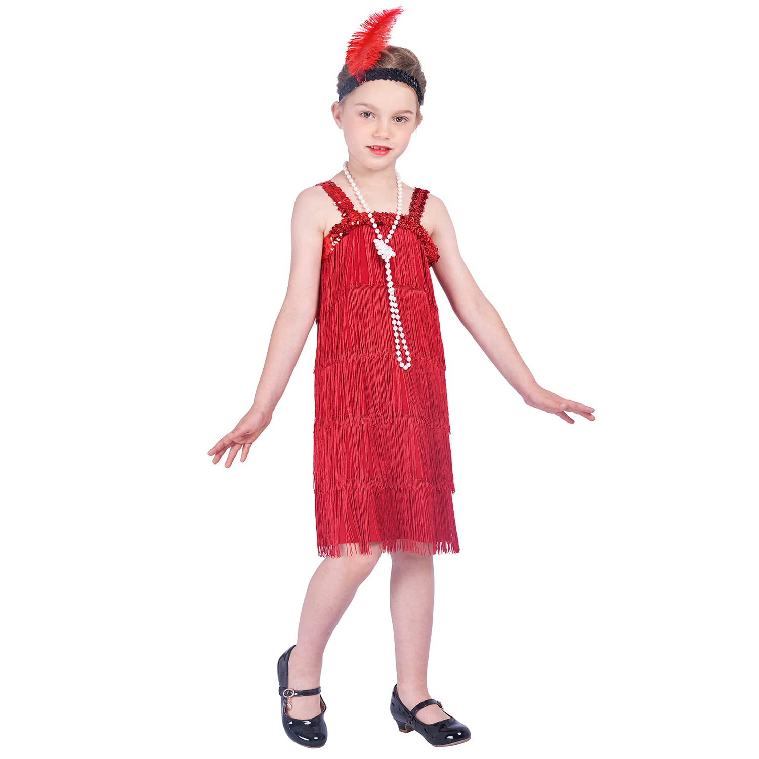 Rabtero Kids Roaring the 20s Fancy Dress Costume, Girls Flapper Dress with Pearl Necklace and Feather Headband, Gangster Flapper Dress for Girls, Red, X-Large 10-12