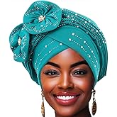 Woeoe Beanie Cap Head Wrap Black Rhinestones Head Scarf Flower Pearls Twisted Head Turban for Women Girls