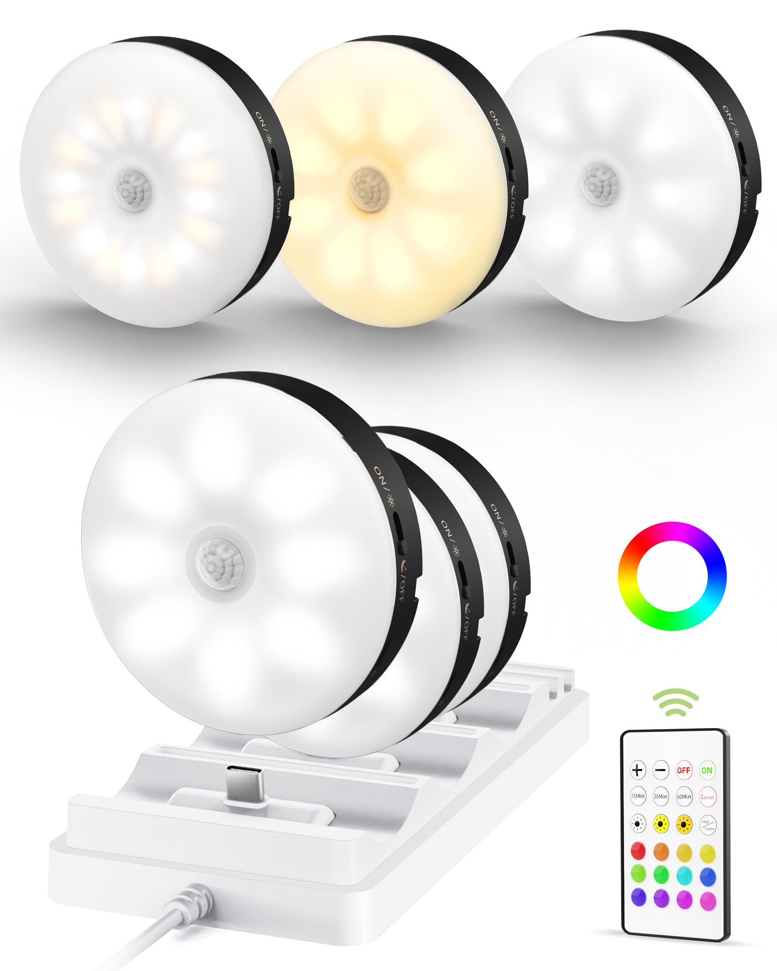 Photo 1 of EZVALO Under Cabinet Lighting with Charging Station,1000mAh Rechargeable Puck Lights with Remote, 3 Color Temps & 12 RGB Closet Lights, Dimmable Motion Sensor Lights for Shelf, Kitchen (6 Packs)