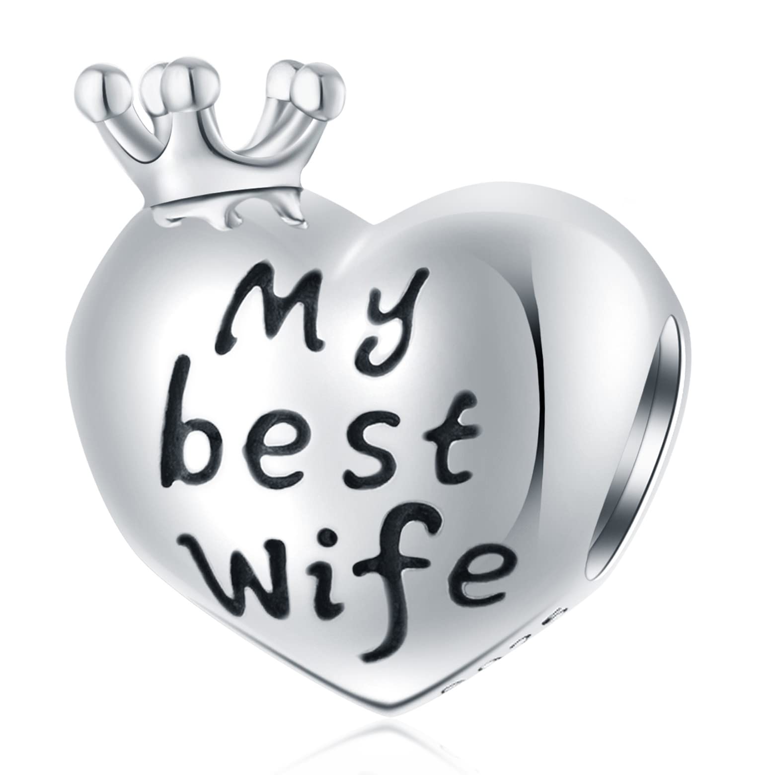 I Love My Best Wife Heart Charms with Crown, fits Pandora Valentines Anniversary Bracelet, 925 Sterling Silver Forever in Love Beautiful Wifey Beads, Gift for Couple/Husband/Lover