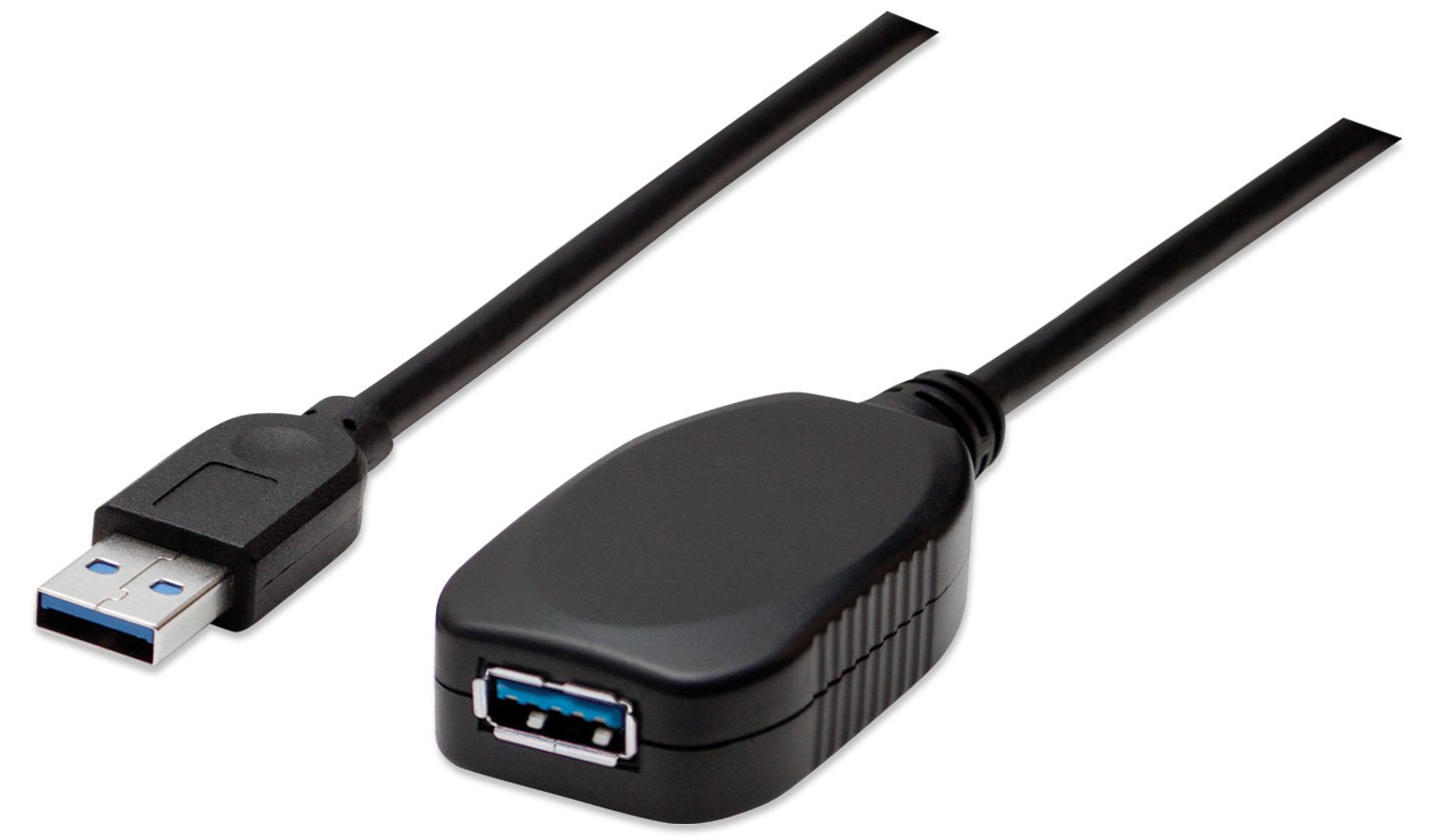 Manhattan USB-A to USB-A Extension Cable, 5m, Male to Female, Active, 5 Gbps (USB 3.2 Gen1 aka USB 3.0), Built In Repeater, SuperSpeed USB, Black, Three Year Warranty, Blister