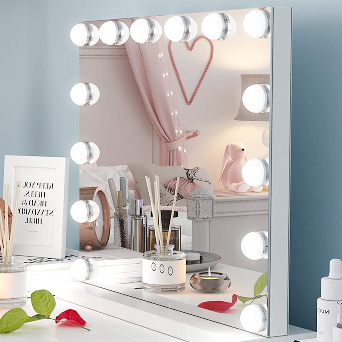 Ovonni Hollywood Makeup Mirror,Vanity Mirror with Lights Tabletop Cosmetic Lighted Mirror with 14 LED Dimmable Bulbs and Touch Control, White
