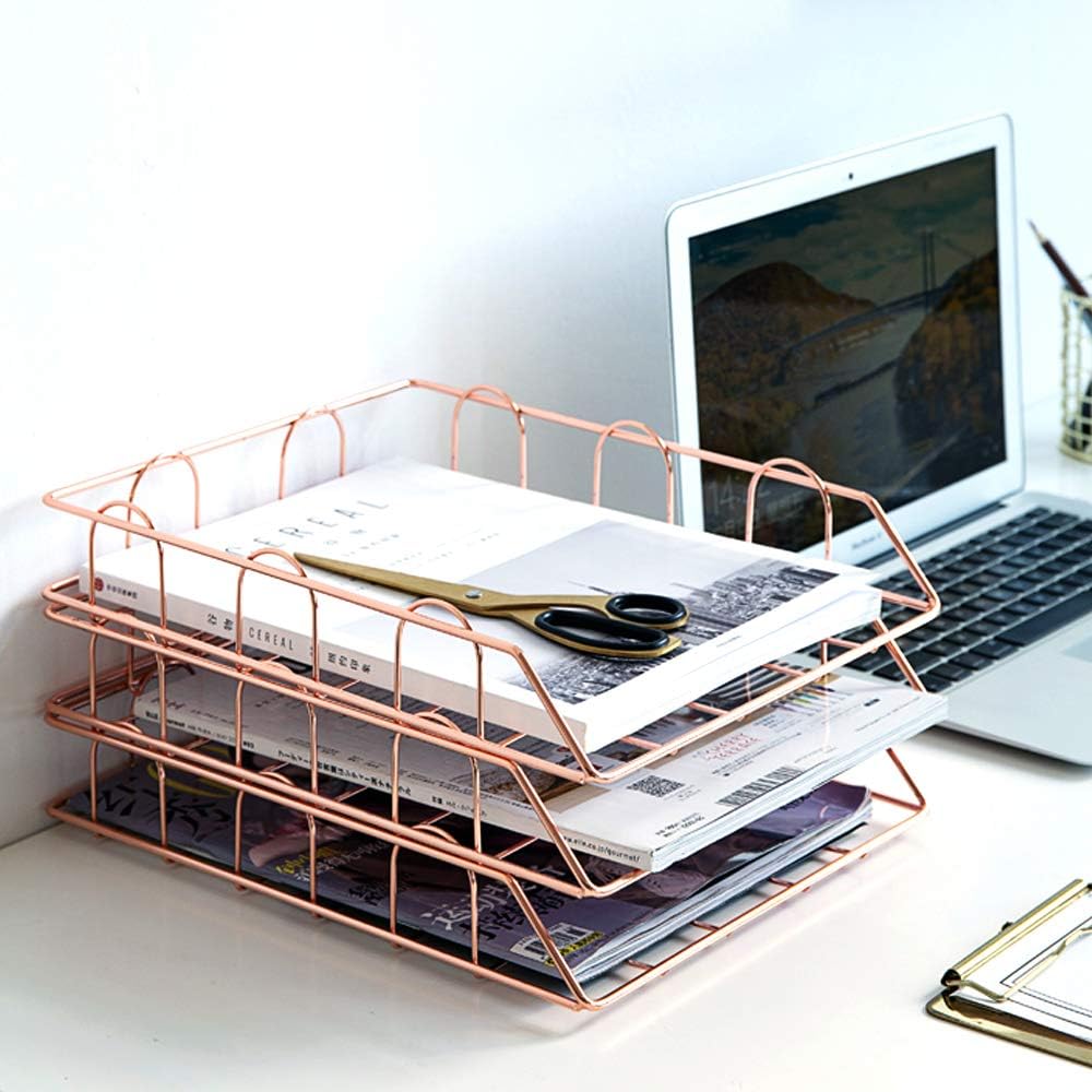 Jolitac Rose Gold 4-Tier Stackable Paper Tray Desk Organizer, Workspace Decorative Stacking Rack Supplies Holder, Metal Letter Trays for File Documents in Home & Office (Rose Gold) : Office Products
