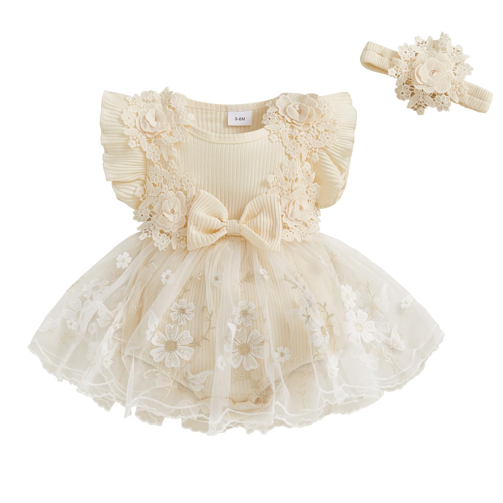 Photo 1 of (BAGGED) (3-6) Douhoow Baby Girl Romper Dress Baby Dress Romper Flowers Lace Infant Girl Spring Summer Clothes with Headband (Khaki, 3-6 Months)